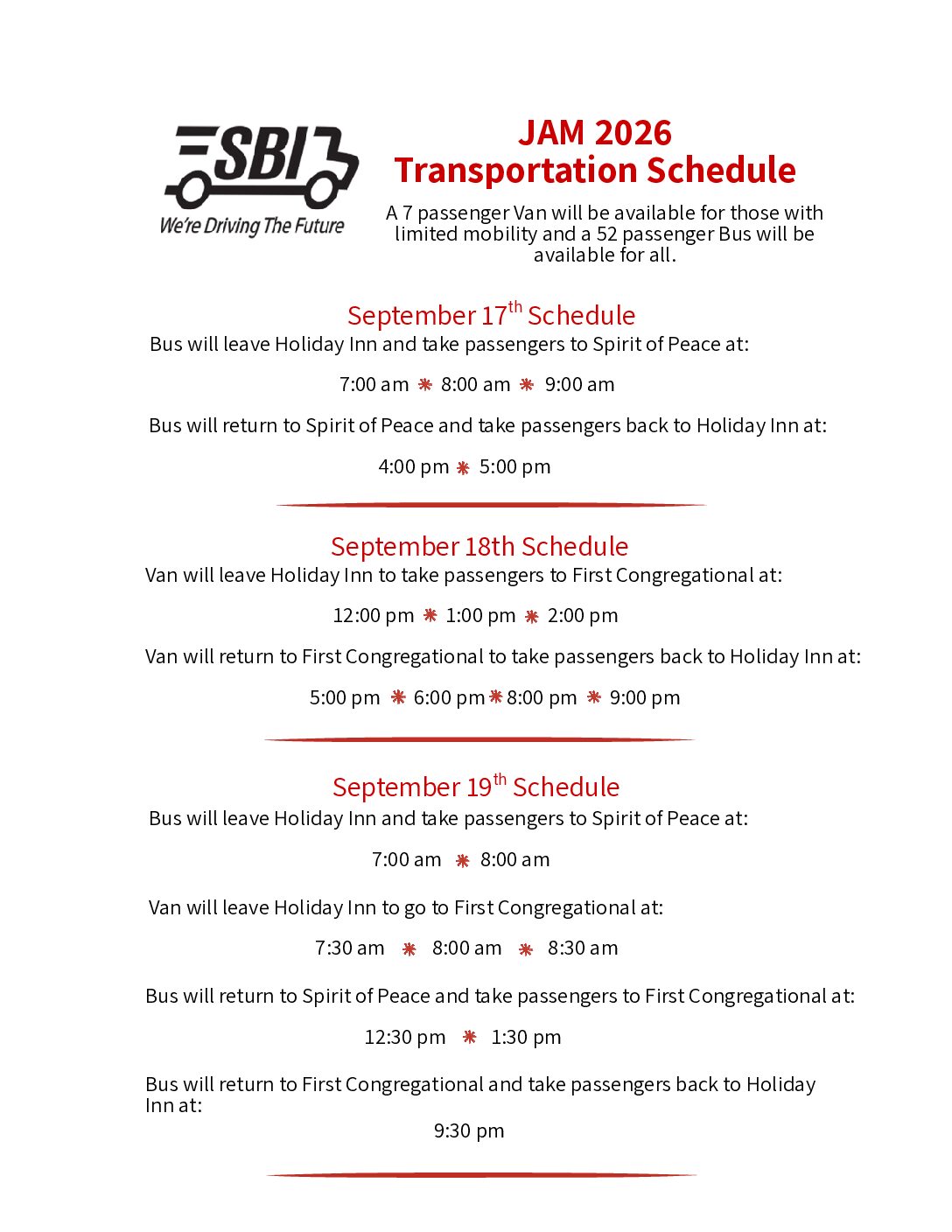 FULL SIZE JAM 2026 Transportation Schedule